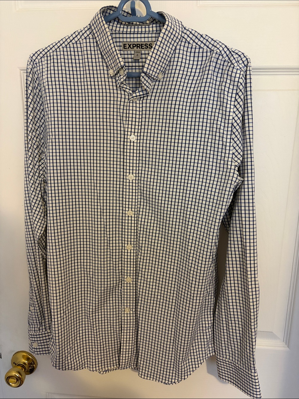 Express Men’s White and Navy Check Button-Down Shirt